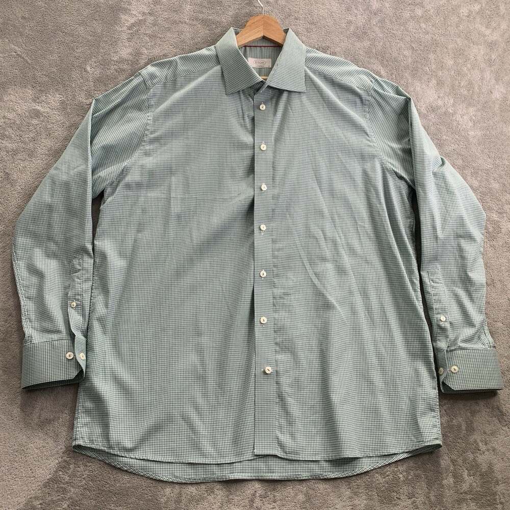 Eton Dress Shirt Mens 18 Green Gingham Check Contemporary Business Casual Preppy